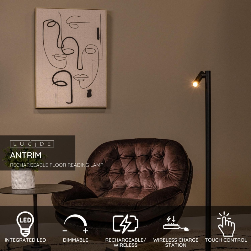 Lucide ANTRIM - Nabíjacia stojanová lampa na čítanie - Batéria - LED Dim. - 1x2,2W 2700K - IP54 - S bezdrôtovou nabíjacou podložkou - Čierna